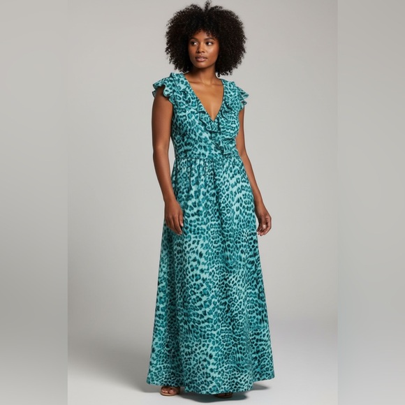 INC International Concepts Teal Aqua Cheetah Print Ruffled V-Neck Maxi Dress | M - Picture 3 of 8